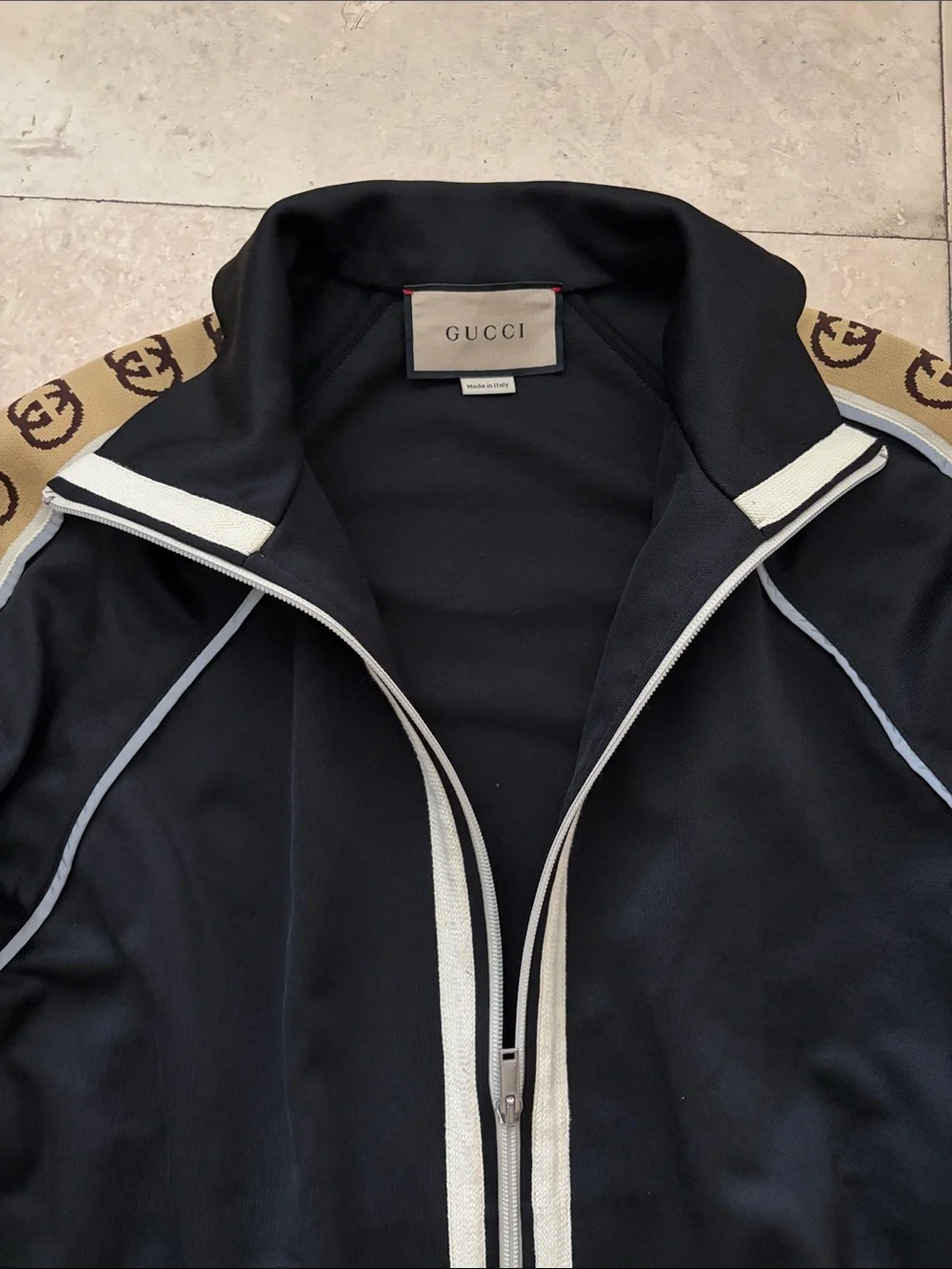 Gucci Black Track Bomber Jacket with Beige Logo Tape